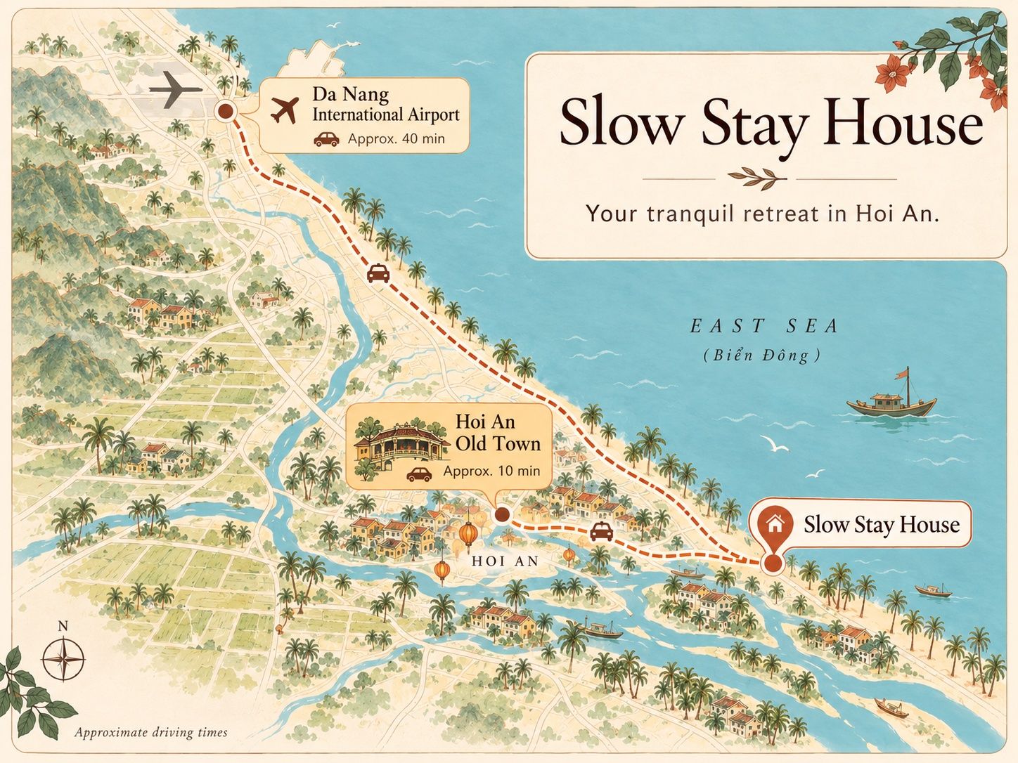 Map of the coast from Da Nang airport down to Hoi An, showing Slow Stay House near the Old Town