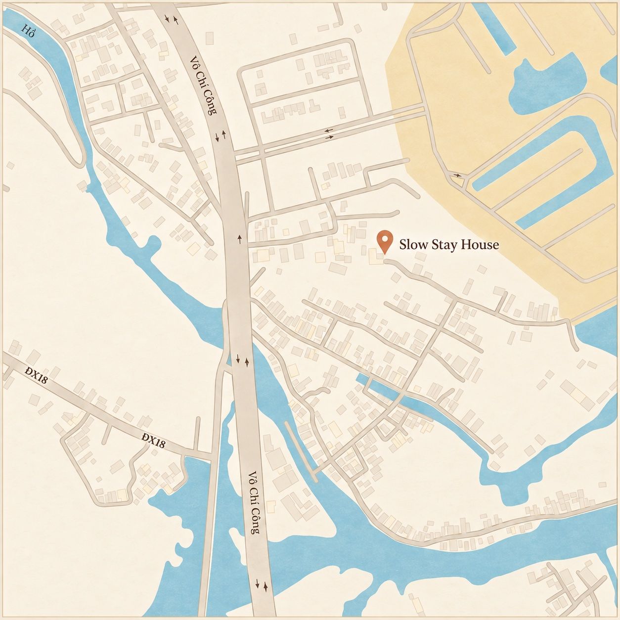 Close-up map of the area around Slow Stay House, with the main road to the west and the northern and southern roads leading east to the house
